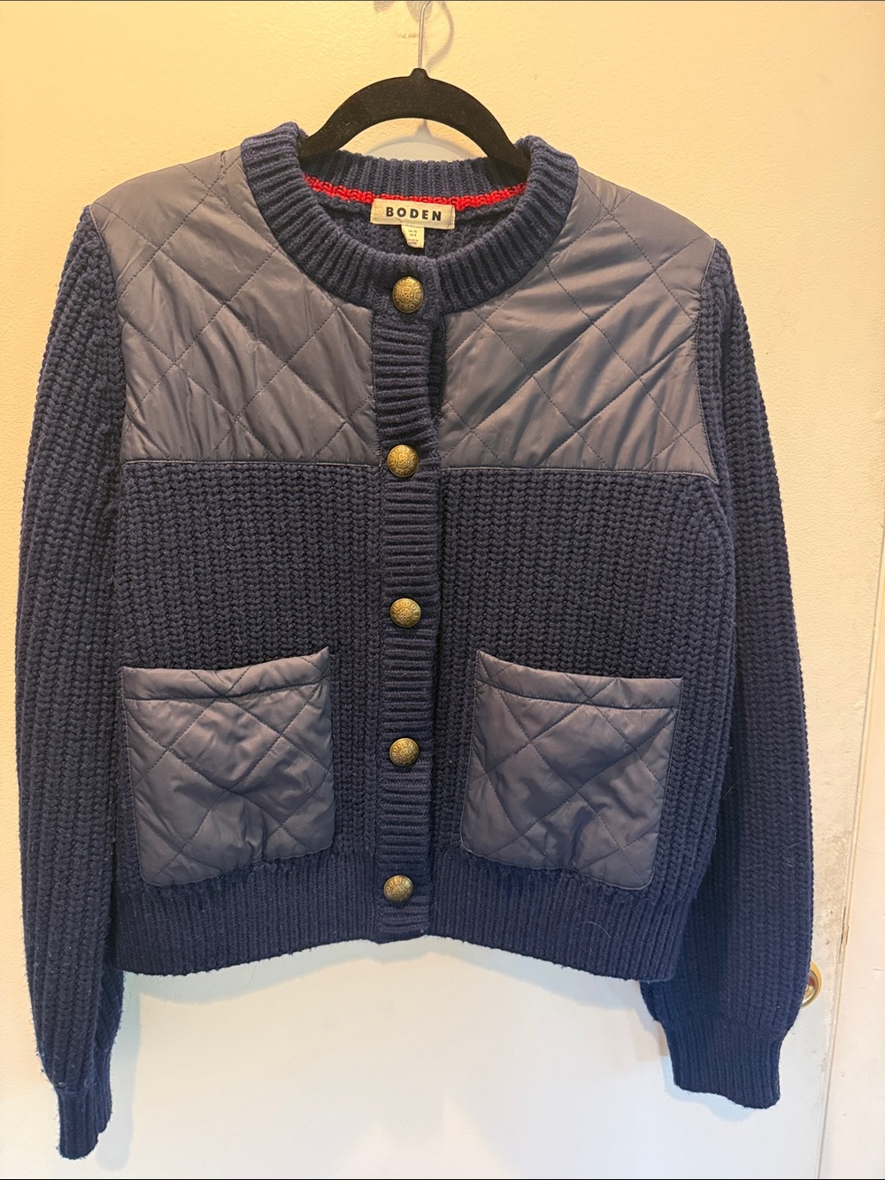 Boden Navy Quilted-Patch Knit Bomber Jacket
